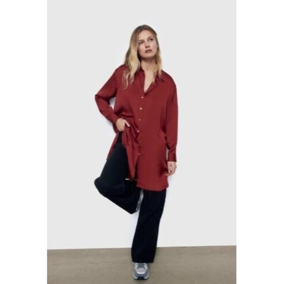 RARE! Zara XL Women's Long Sleeve Satin Button Down Shirt/Dress - Picture 1 of 6